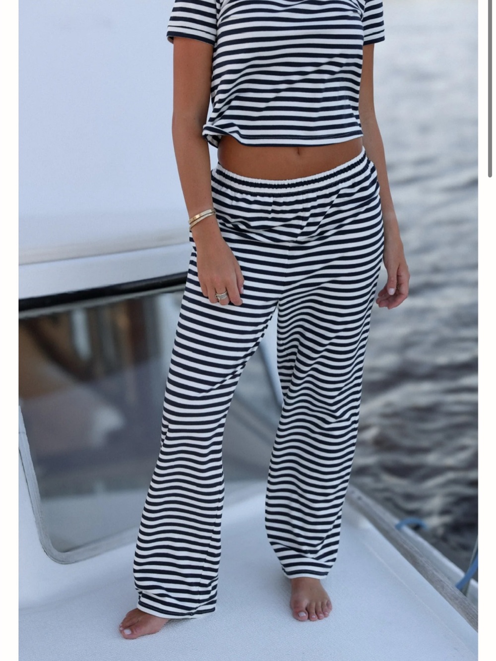 Fancy navy & White Striped Wide-Leg Lounge Pants with matching T-shirt
